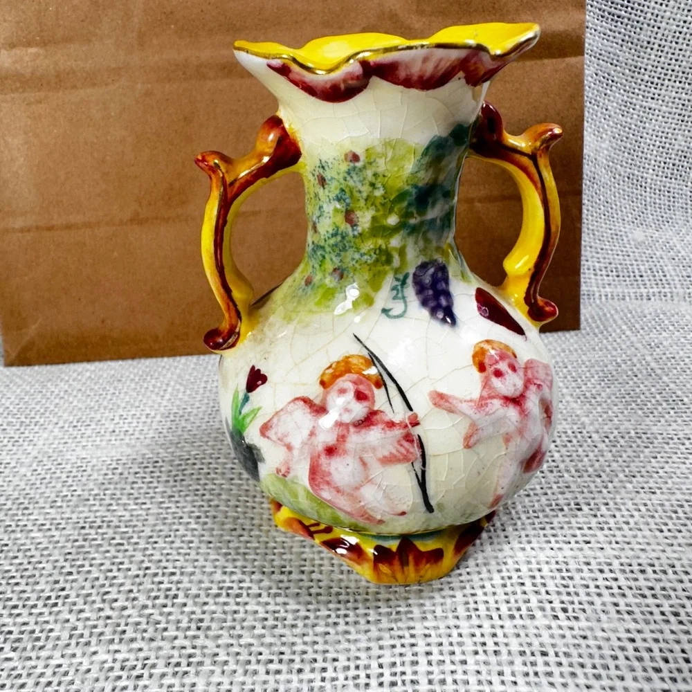 Vintage Japan Cherub Vase Crackle Glaze Double Handle Putti‎ Cottage Decor 4.5